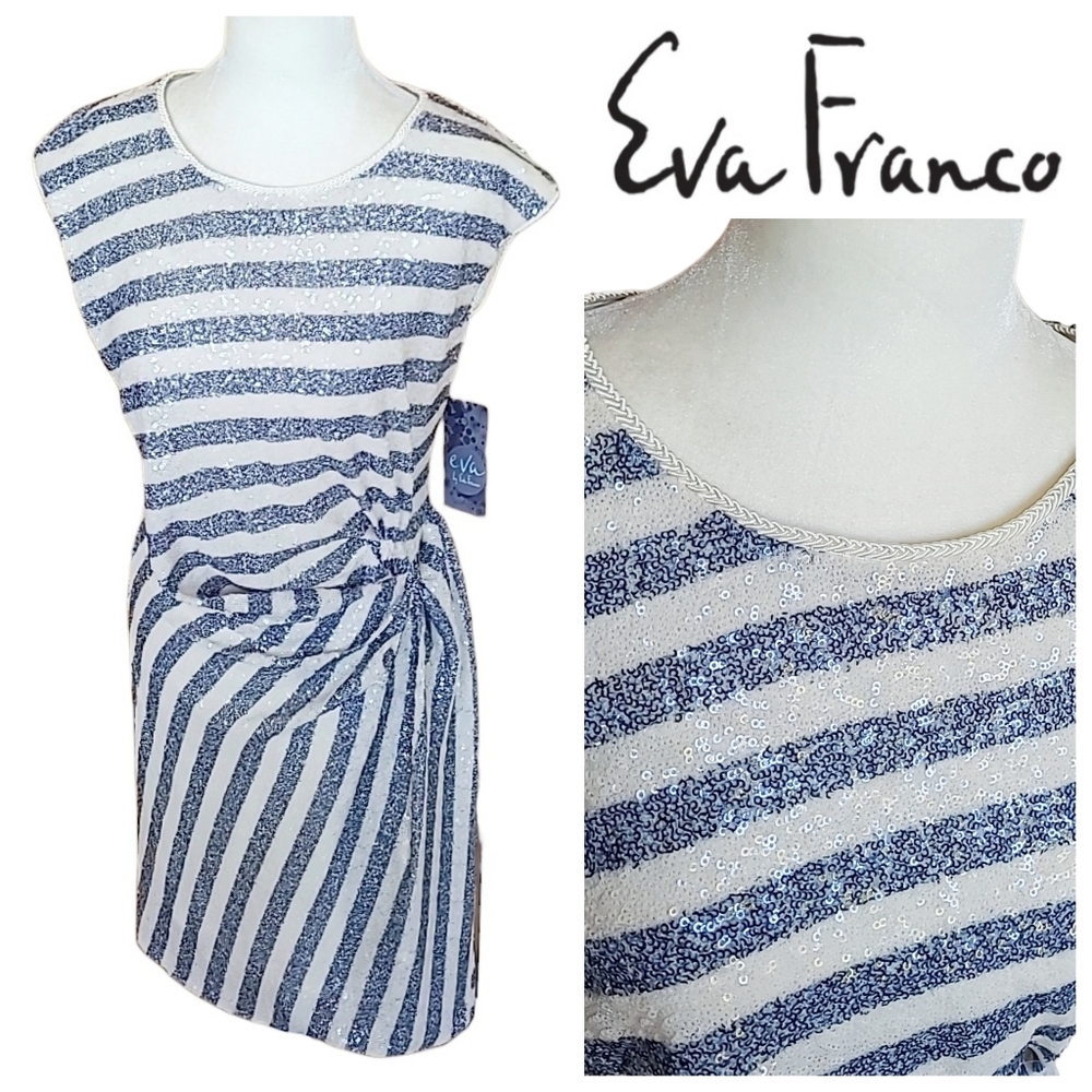 Eva Franco | Navy Ivory Stripe Sequin Eden Dress Faux Wrap Assymetric Hem 6